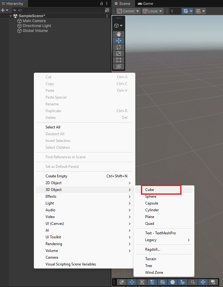 UnityのHierarchyから3D ObjectのCubeを作成する画面