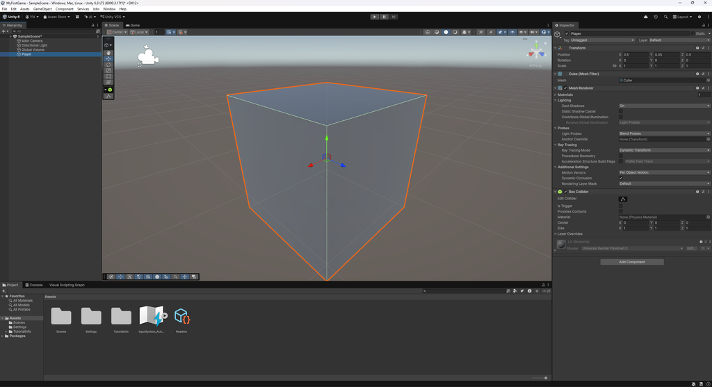 UnityのHierarchyでCubeの名前をPlayerに変更した画面