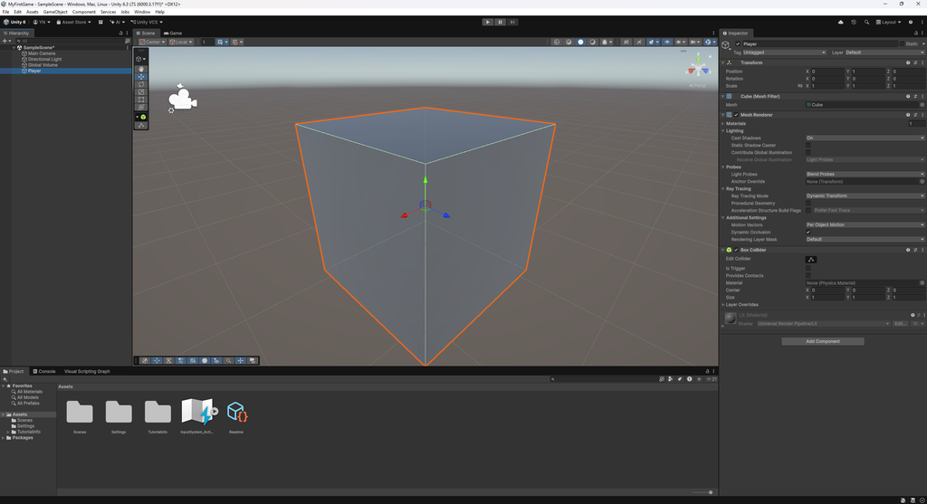 Unity InspectorのTransformでPlayerのPositionを設定する画面