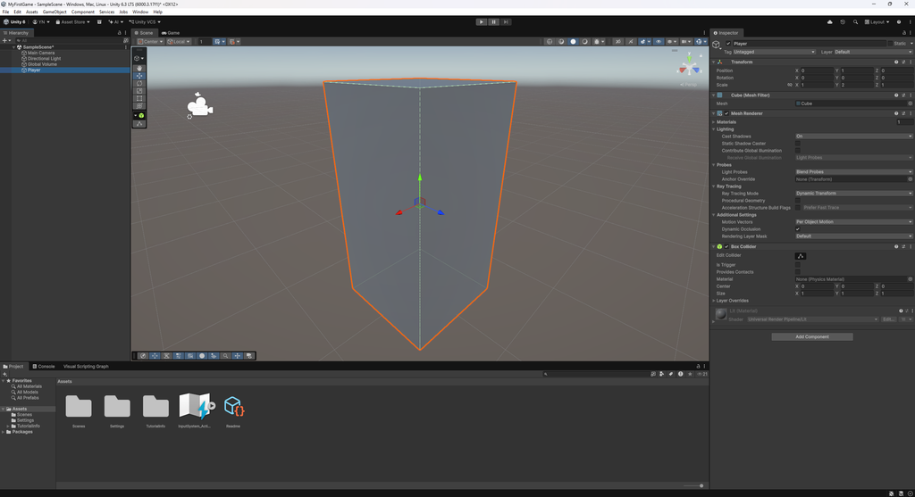UnityでPlayerのTransform ScaleをX1、Y2、Z1に変更した画面