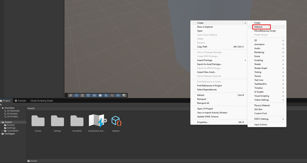 UnityのProjectウィンドウからPlayer用Materialを作成する画面