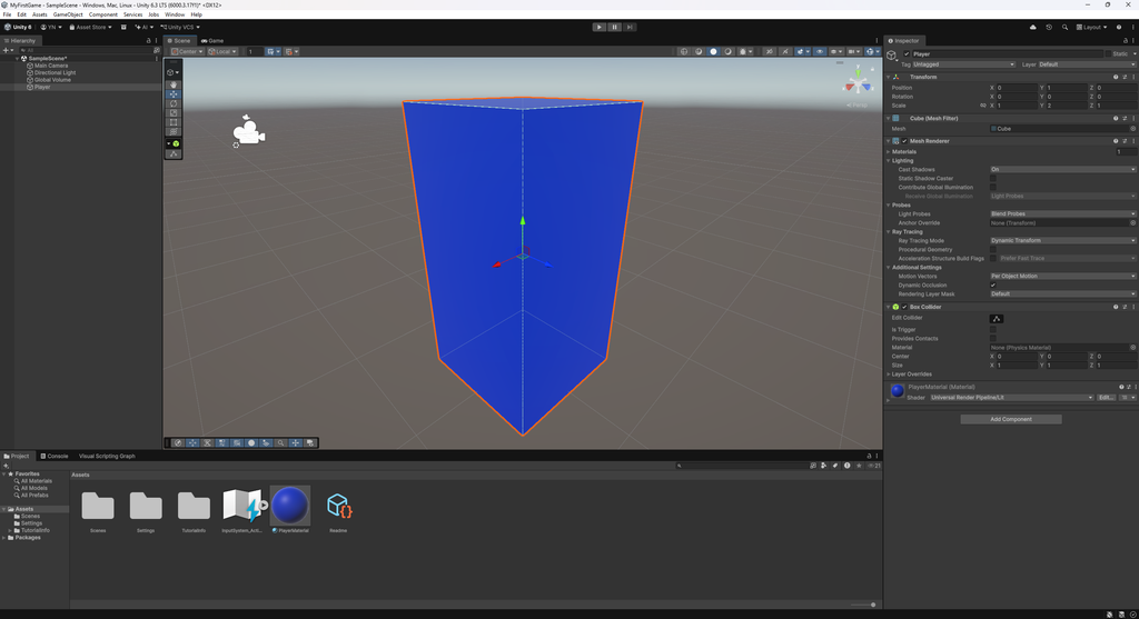 UnityでPlayerMaterialを設定してPlayerの色を変更した画面