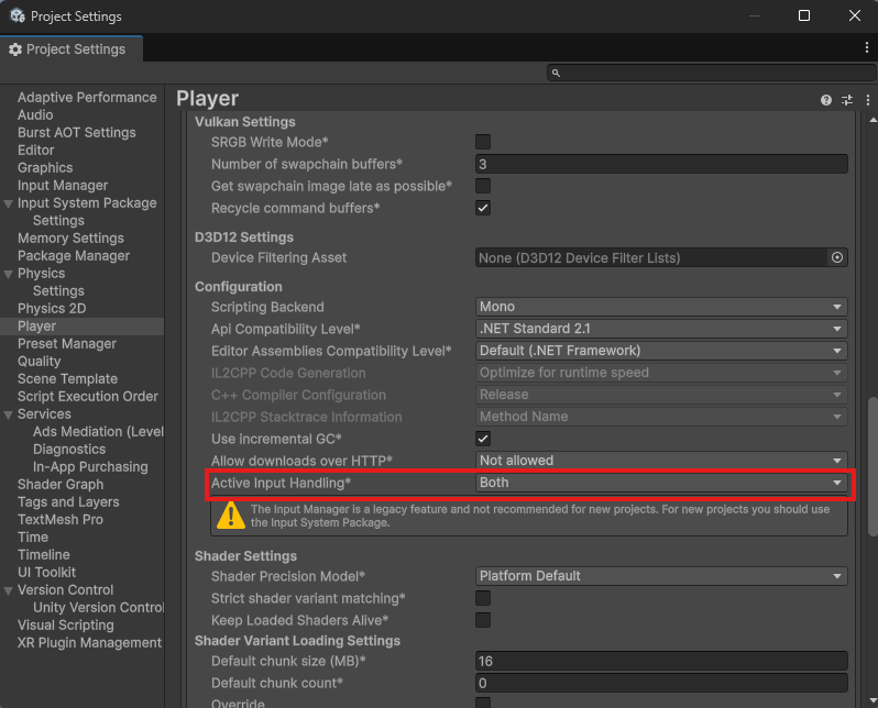 Unity 6のActive Input HandlingをBothに設定した画面
