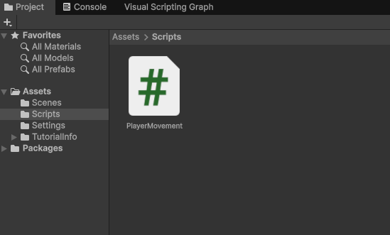 UnityのScriptsフォルダにPlayerMovementスクリプトを作成した画面