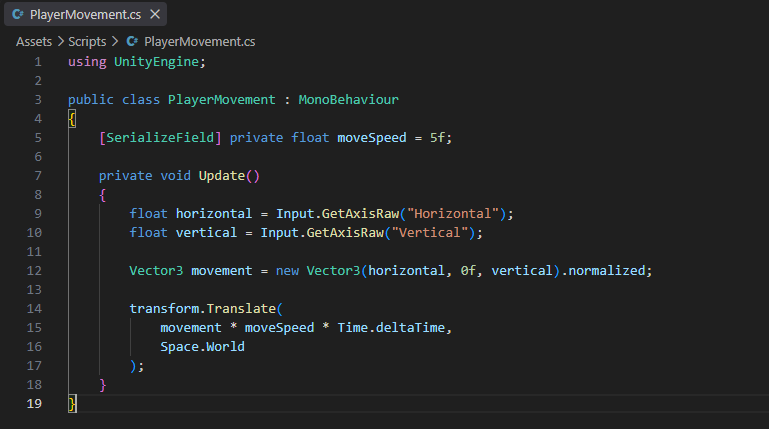 UnityでPlayerをWASD操作するPlayerMovementのC#コード