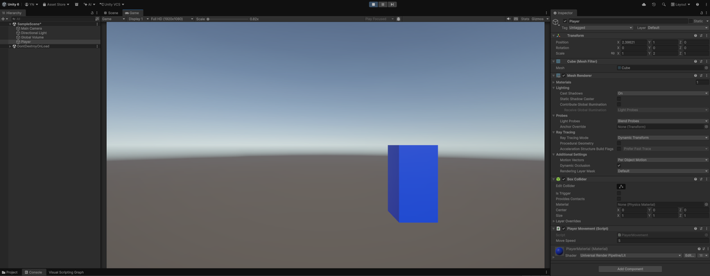UnityでWASDキーを使ってPlayerを移動させた画面