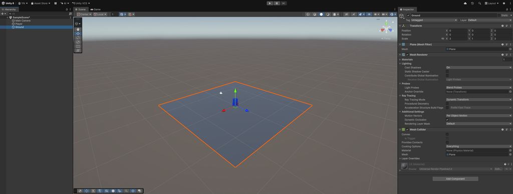 Unity 6でPlaneをGroundとして配置しPositionとScaleを設定した画面