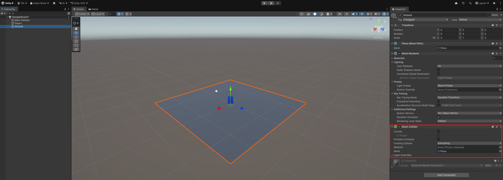 UnityのGroundにMesh Colliderが設定されている画面