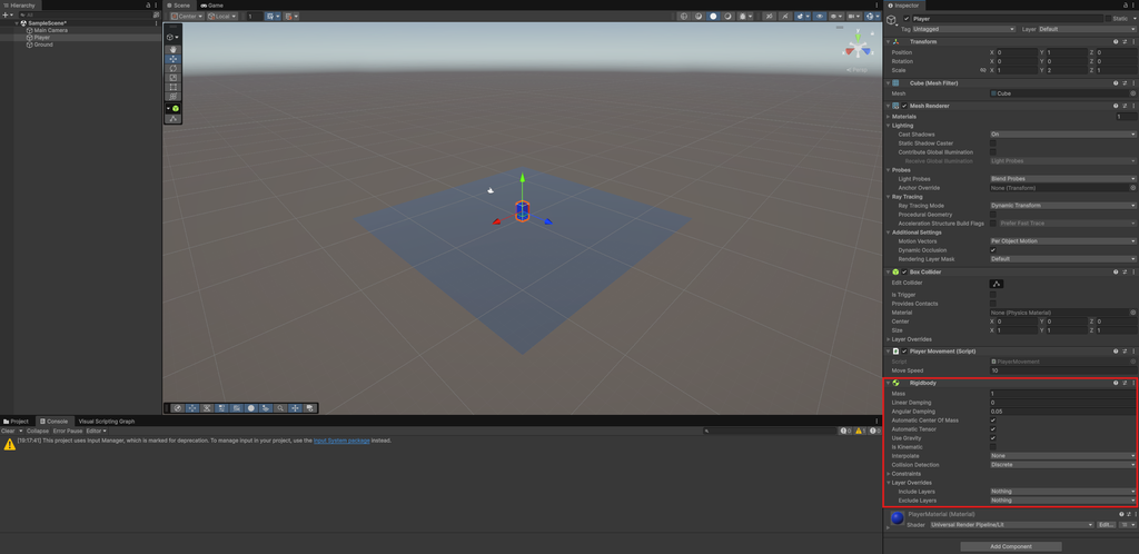 UnityでPlayerにRigidbodyを追加した画面