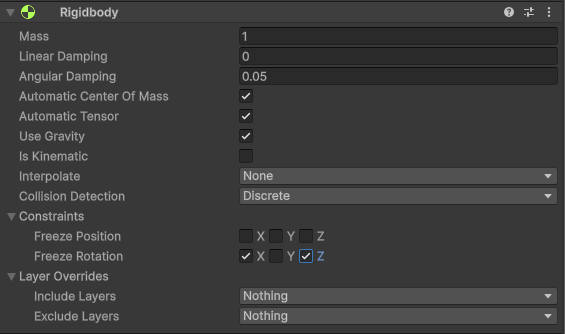 UnityのRigidbodyでPlayerのRotation XとZを固定した画面