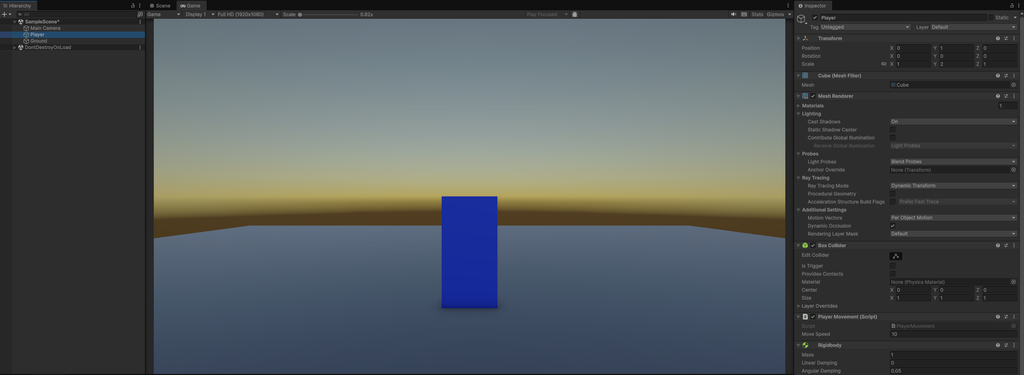 UnityでRigidbodyの重力によってPlayerがGroundの上に停止した画面