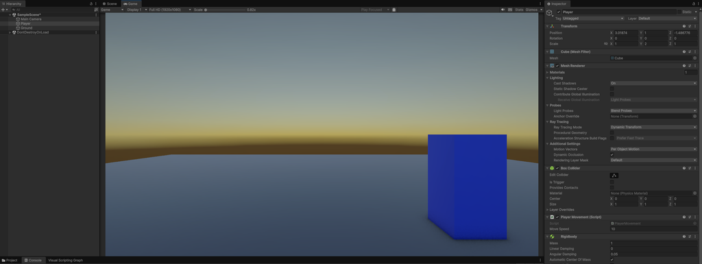 UnityでPlayerがGroundの上をWASDキーで移動している画面