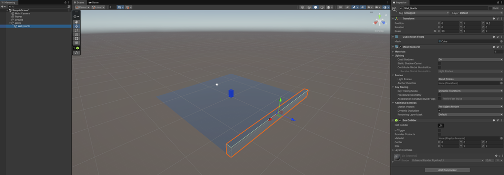 Unity 6でGroundの北側にWall_Northを配置した画面