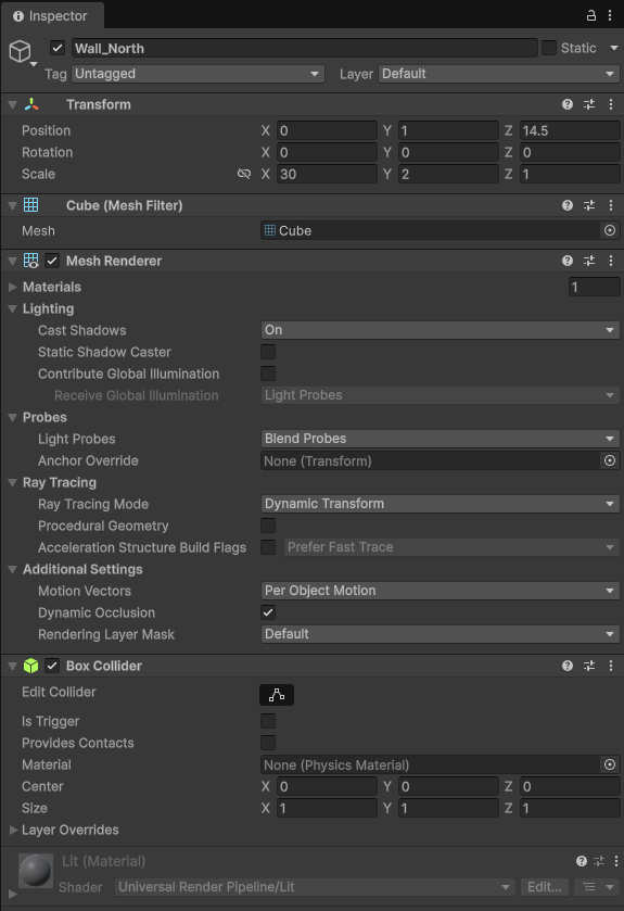 UnityのWall_NorthにBox Colliderが設定されている画面