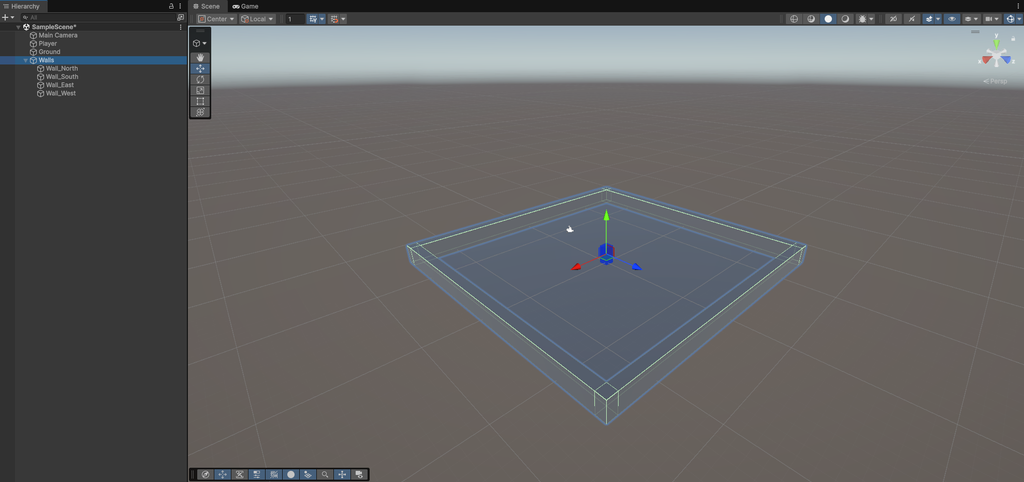 Unity 6でGroundの周囲に4つの壁を配置したゲームエリア