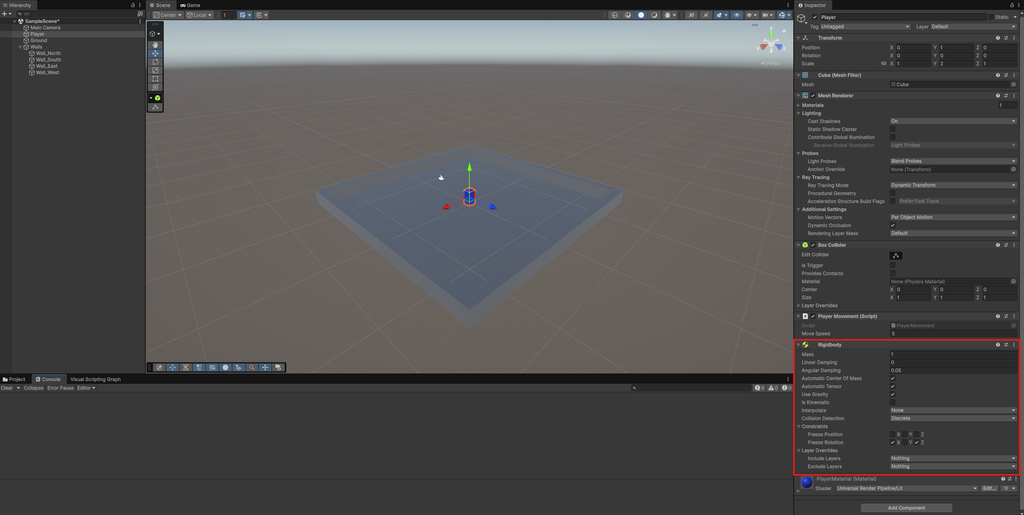 UnityでPlayerのRigidbodyとPlayerMovementの設定を確認した画面