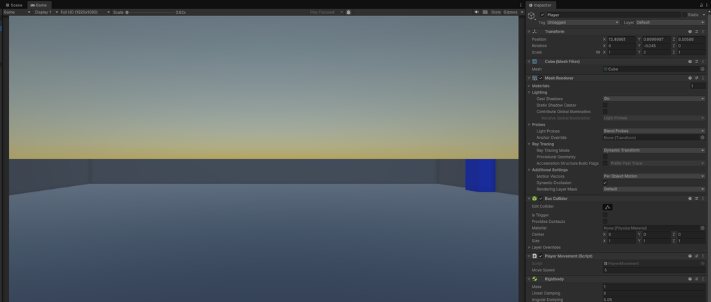 UnityでPlayerが壁のBox Colliderに当たって停止した画面
