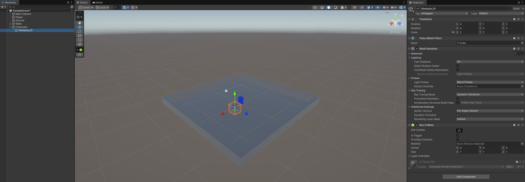 Unity 6でゲームエリア内にObstacle_01を配置した画面
