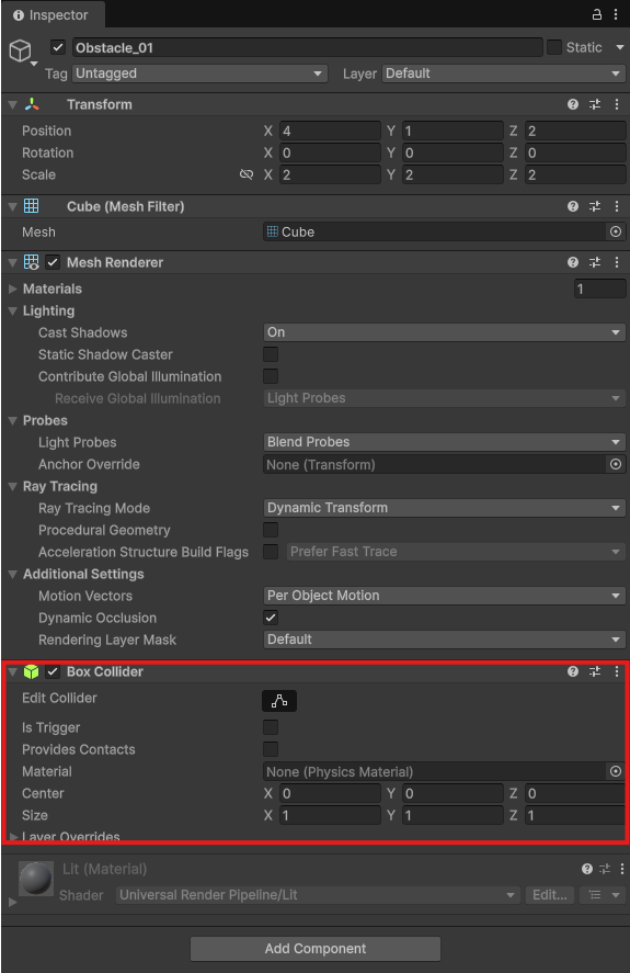 UnityのObstacle_01にBox Colliderが設定されている画面