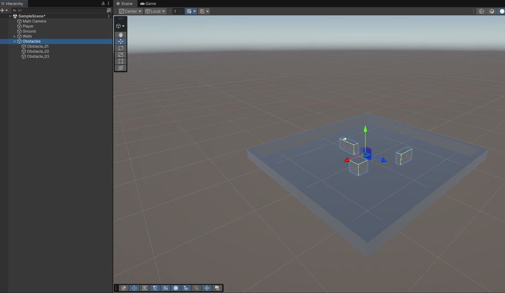 Unity 6のゲームエリア内に3つの障害物を配置した画面