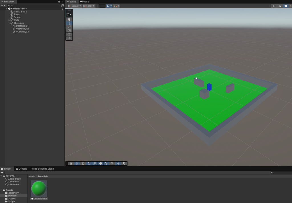 UnityでGroundMaterialを作成してGroundの色を変更した画面