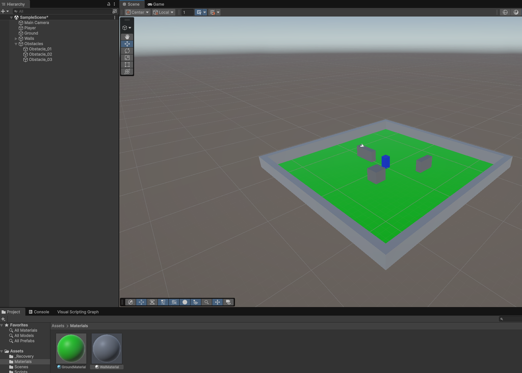 UnityでWallMaterialを4つの壁に設定した画面