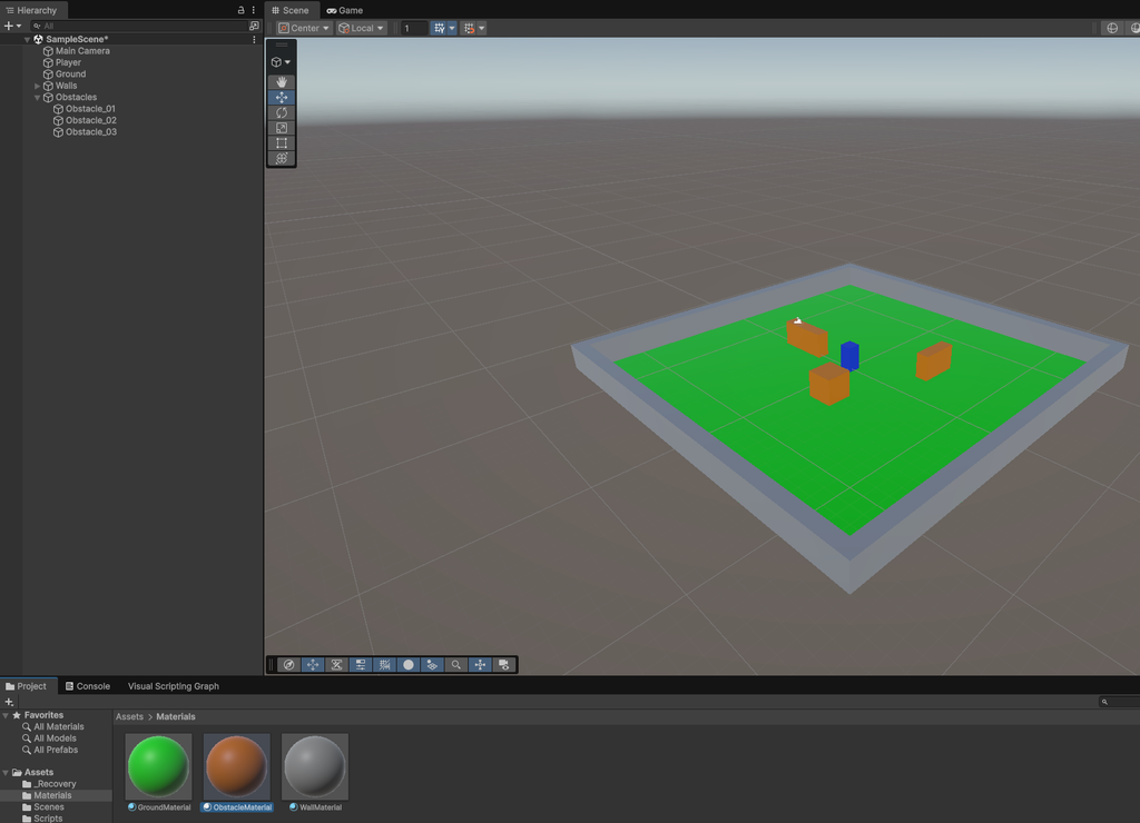 UnityでObstacleMaterialを3つの障害物に設定した画面