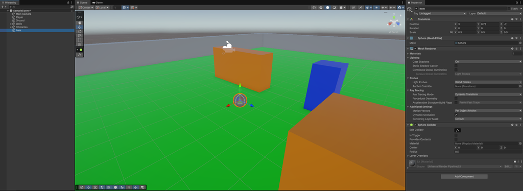 Unity 6でSphereをItemとしてゲームエリア内に配置した画面