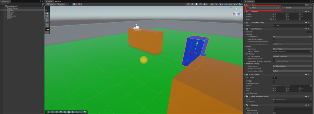 UnityでPlayerのTagをPlayerに設定した画面