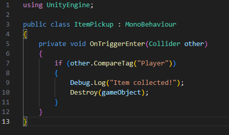 UnityでPlayerがItemに触れたら削除するItemPickupのC#コード