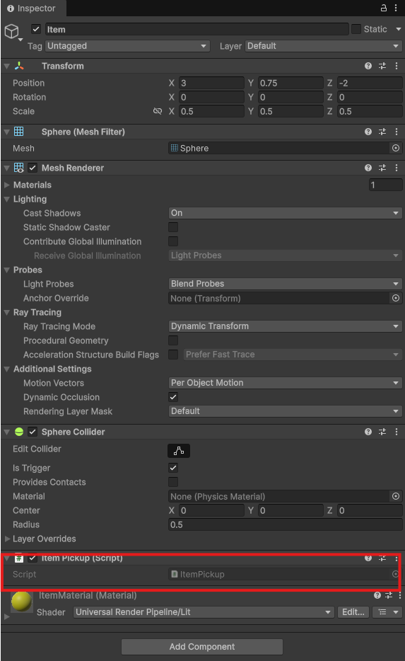 UnityでItemにItemPickupスクリプトを追加した画面