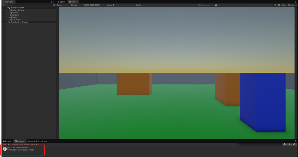 UnityでPlayerがItemを取得しConsoleにItem collectedと表示された画面