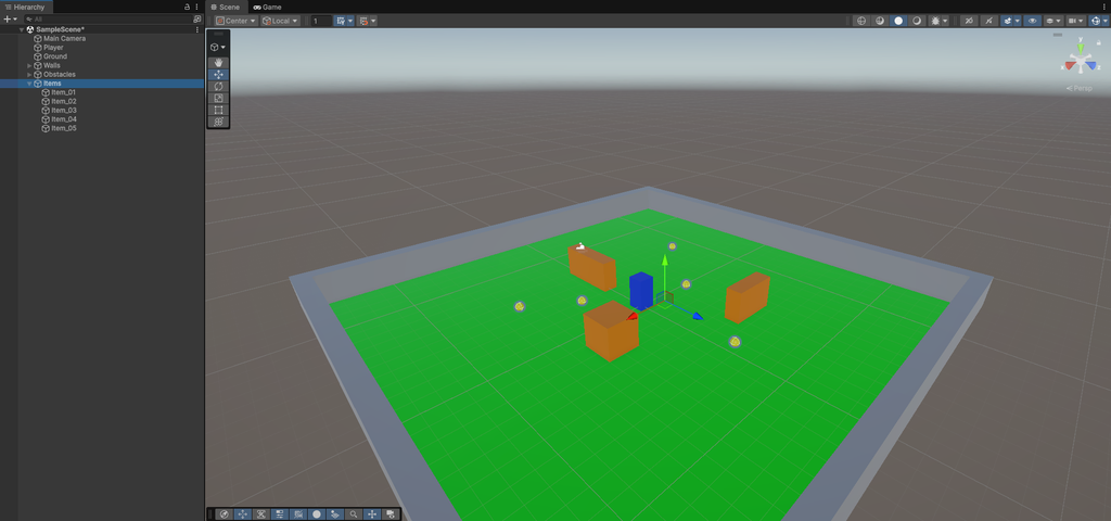 Unity 6のゲームエリア内に5つのItemを配置した画面