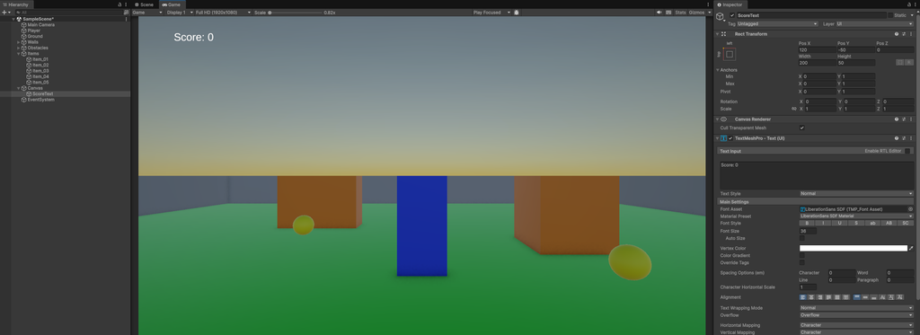 Unity 6でTextMeshProを使って画面左上にScore 0を表示した画面