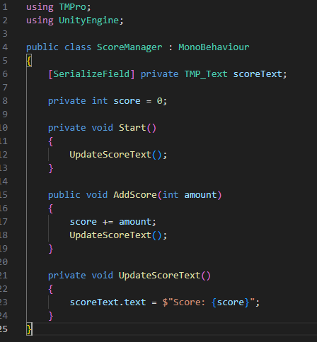 UnityでTextMeshProのScoreTextを更新するScoreManagerのC#コード