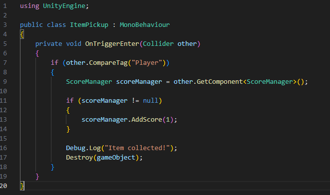 UnityでItemPickupからScoreManagerを呼び出してスコアを増やすC#コード